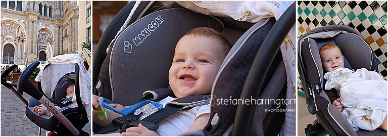 A collage of photos showing a baby boy smiling and sleeping in his infant car seat.