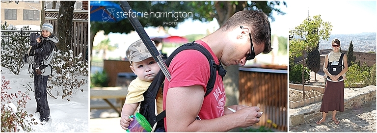Mom and dad are carrying baby in the original Ergo carrier with photos by DC infant photographer Stefanie Harrington.